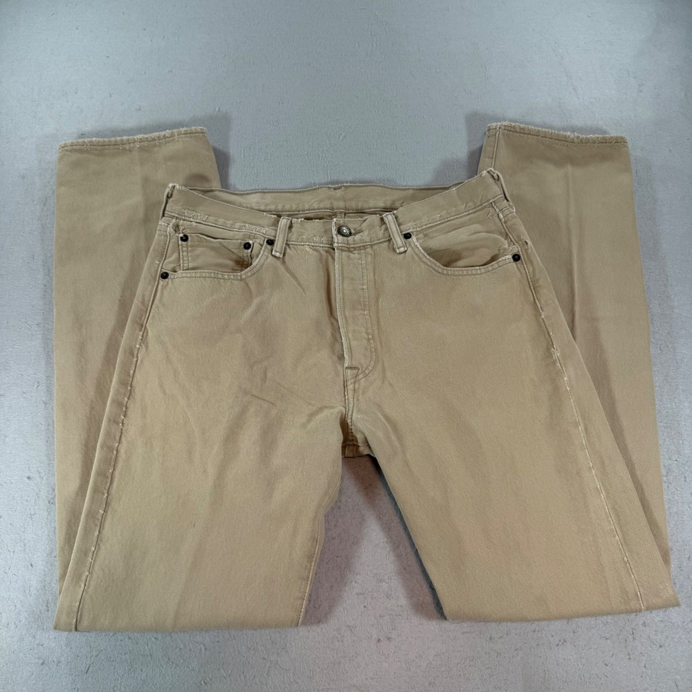 Levis 501 Original Fit Jeans Mens 33x34 Tan Khaki Button Fly Straight Leg 00501